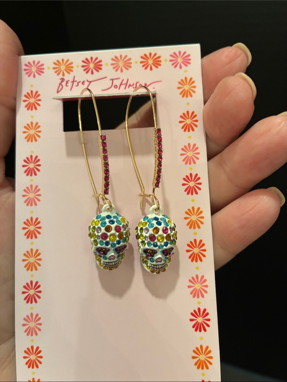 Betsey Johnson Gold Hoop Earrings with Multicolor Crystal Skull Charms
